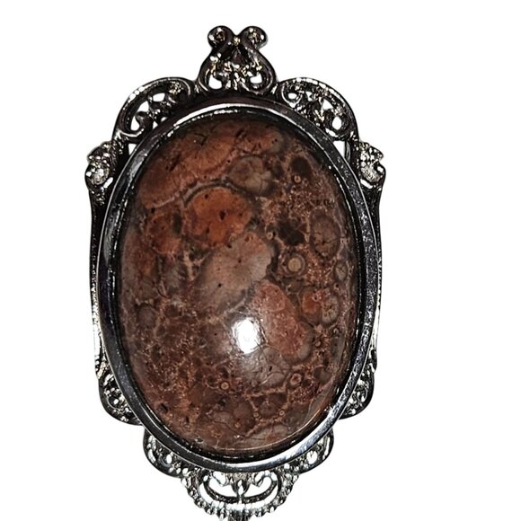 Vintage Silver Tone Jasper Pendant Ornate Design Victorian Gothic Fashion Women - Picture 2 of 4